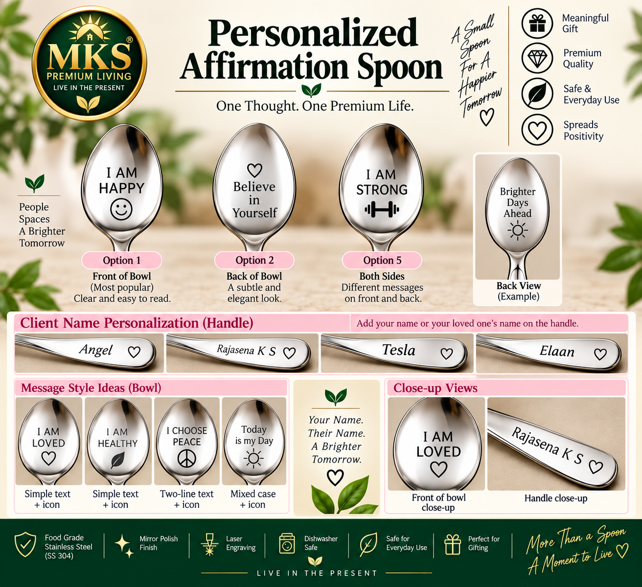 Personalized Affirmation Spoon engraving options and handle personalization